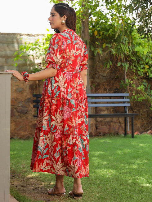 Women Floral Print Puff Sleeve Pure Cotton Fit & Flare Midi Dress